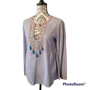 Christopher Sauvat Blue Embroidered Beaded Tassel Top L
